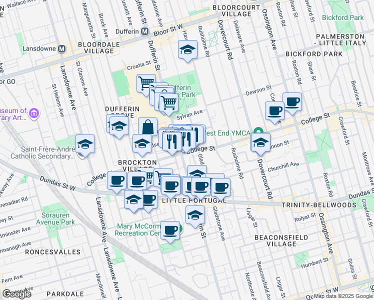 map of restaurants, bars, coffee shops, grocery stores, and more near 1094 College Street in Toronto
