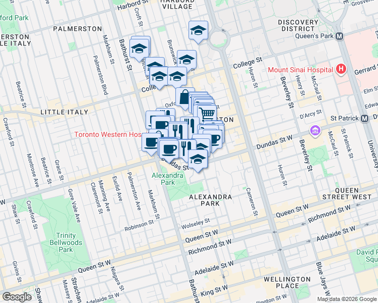 map of restaurants, bars, coffee shops, grocery stores, and more near 43 Wales Avenue in Toronto