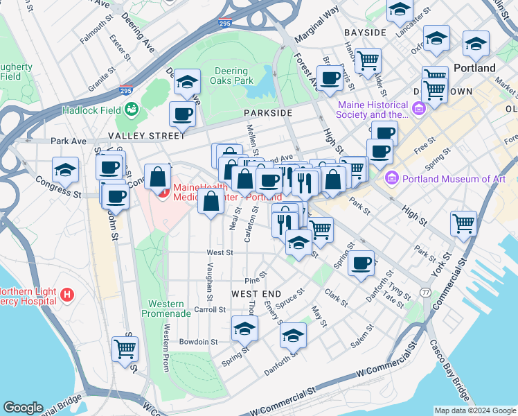 map of restaurants, bars, coffee shops, grocery stores, and more near in Portland