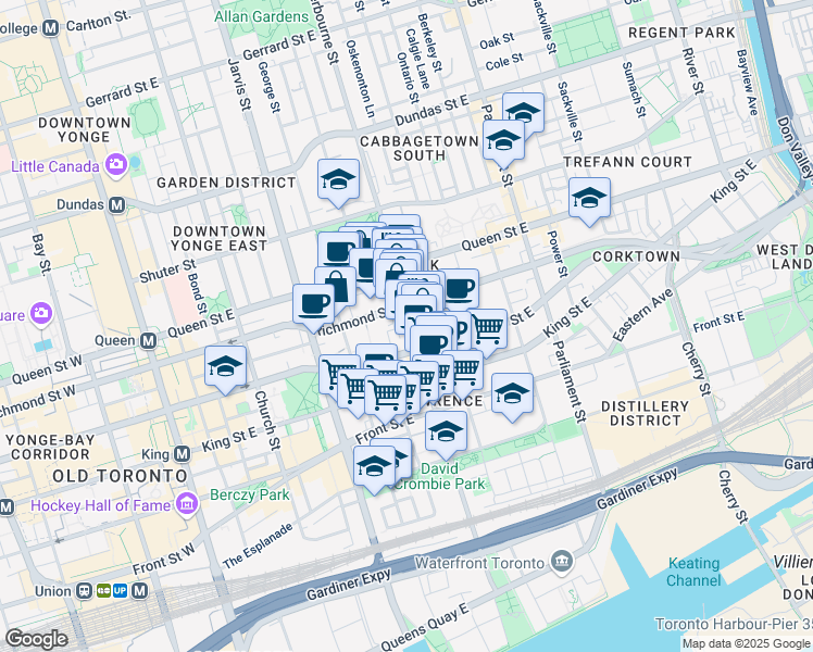 map of restaurants, bars, coffee shops, grocery stores, and more near 298 Richmond Street East in Toronto