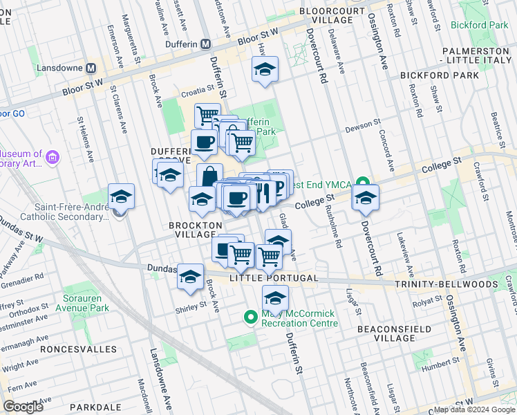 map of restaurants, bars, coffee shops, grocery stores, and more near in Toronto