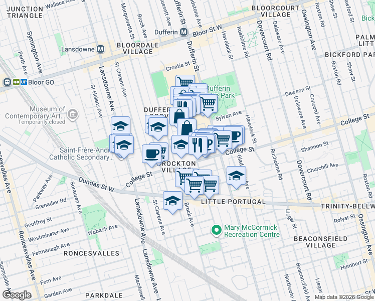 map of restaurants, bars, coffee shops, grocery stores, and more near 123 Lindsey Avenue in Toronto