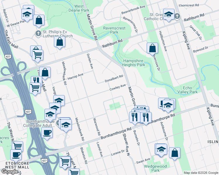 map of restaurants, bars, coffee shops, grocery stores, and more near 14 Northglen Avenue in Toronto