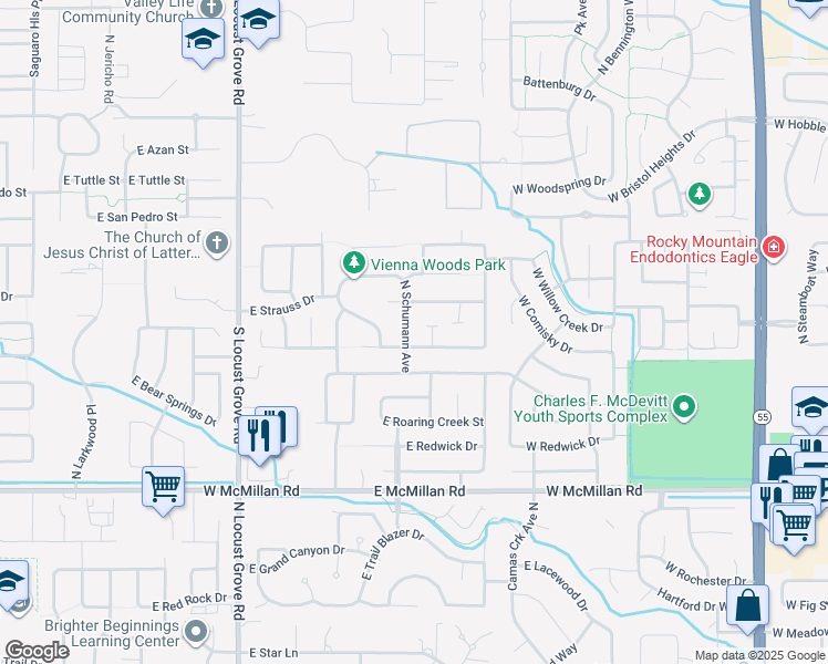 map of restaurants, bars, coffee shops, grocery stores, and more near 5282 North Schumann Avenue in Meridian