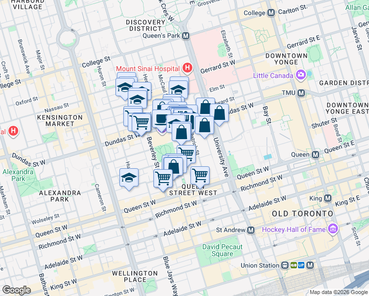 map of restaurants, bars, coffee shops, grocery stores, and more near 73 McCaul Street in Toronto