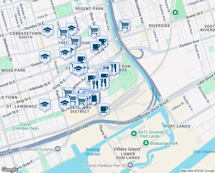 map of restaurants, bars, coffee shops, grocery stores, and more near 35 Rolling Mills Road in Toronto