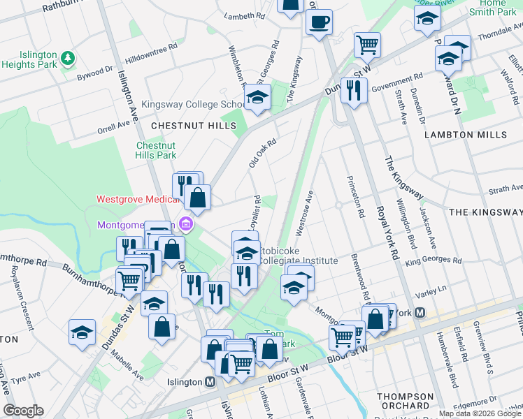 map of restaurants, bars, coffee shops, grocery stores, and more near 39 Loyalist Road in Toronto