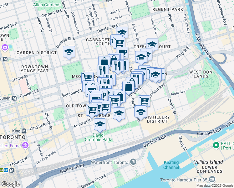map of restaurants, bars, coffee shops, grocery stores, and more near 525 Adelaide Street East in Toronto