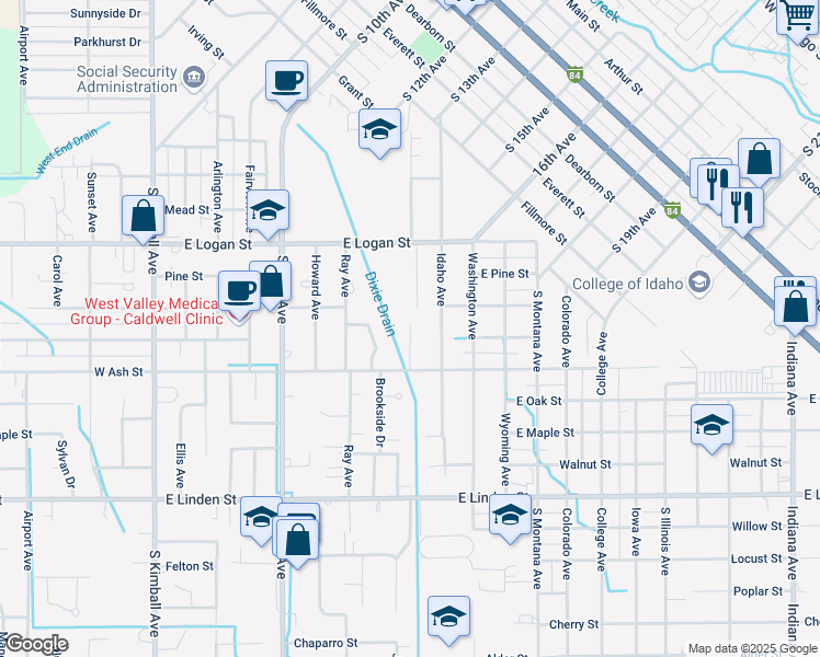 map of restaurants, bars, coffee shops, grocery stores, and more near 1922 Oregon Avenue in Caldwell