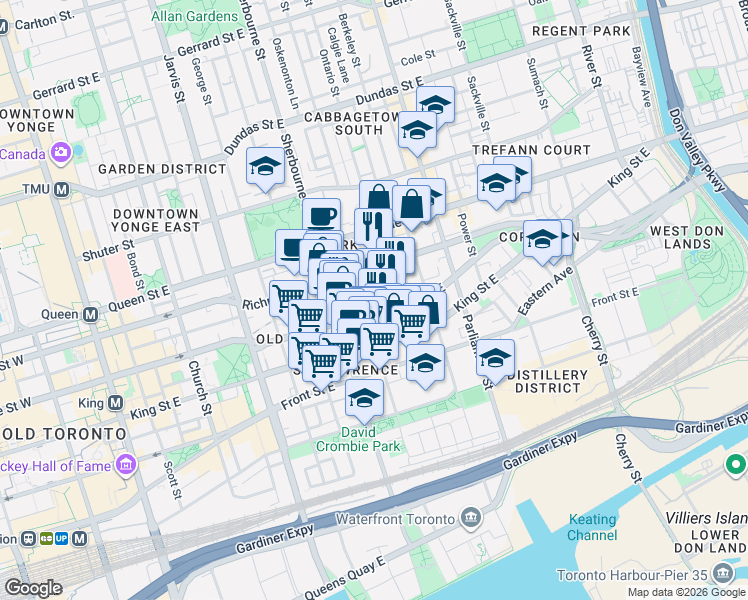 map of restaurants, bars, coffee shops, grocery stores, and more near 460 Adelaide Street East in Toronto