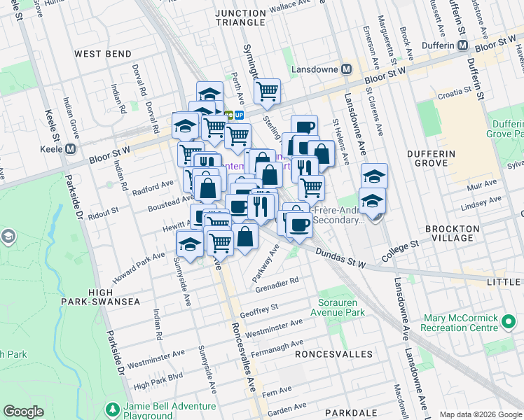 map of restaurants, bars, coffee shops, grocery stores, and more near 13 Silver Avenue in Toronto