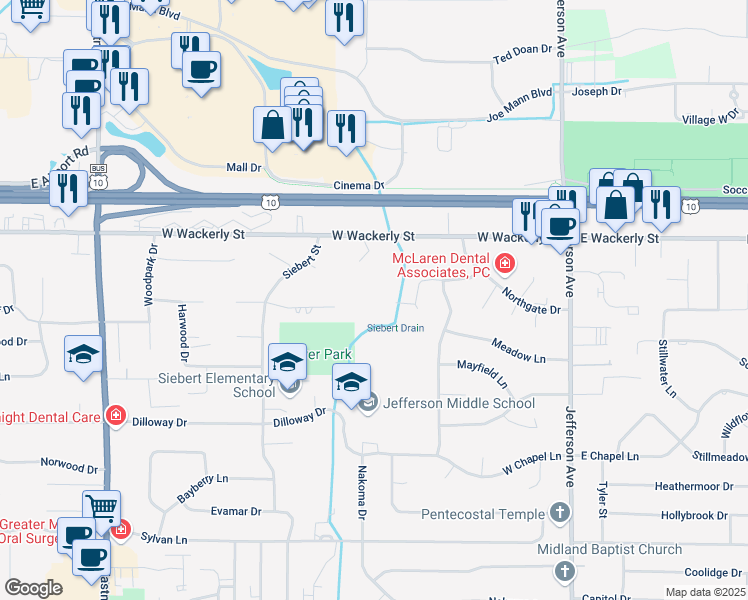 map of restaurants, bars, coffee shops, grocery stores, and more near 712 Sterling Drive in Midland