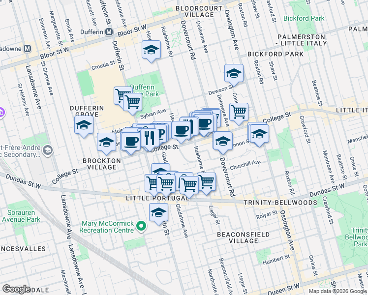 map of restaurants, bars, coffee shops, grocery stores, and more near 1019 A College Street in Toronto