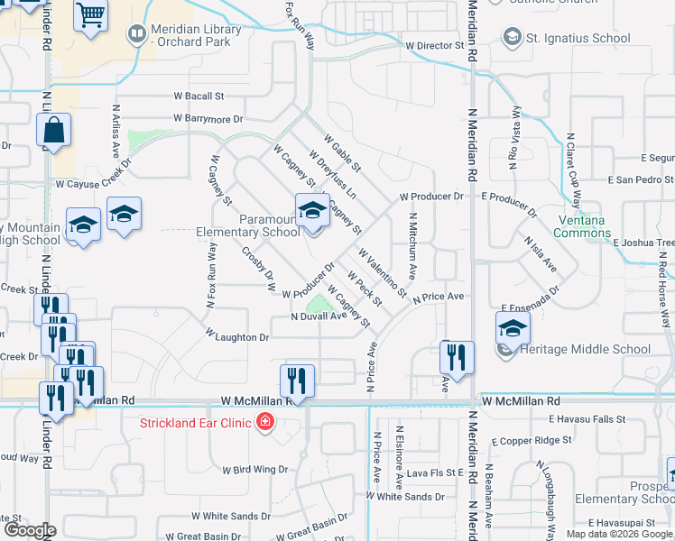 map of restaurants, bars, coffee shops, grocery stores, and more near 487 West Producer Drive in Meridian