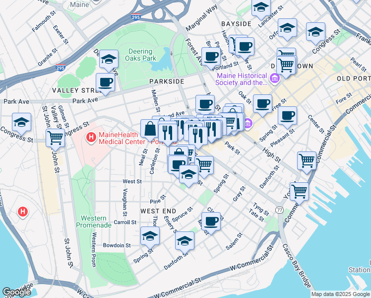 map of restaurants, bars, coffee shops, grocery stores, and more near 696 Congress Street in Portland