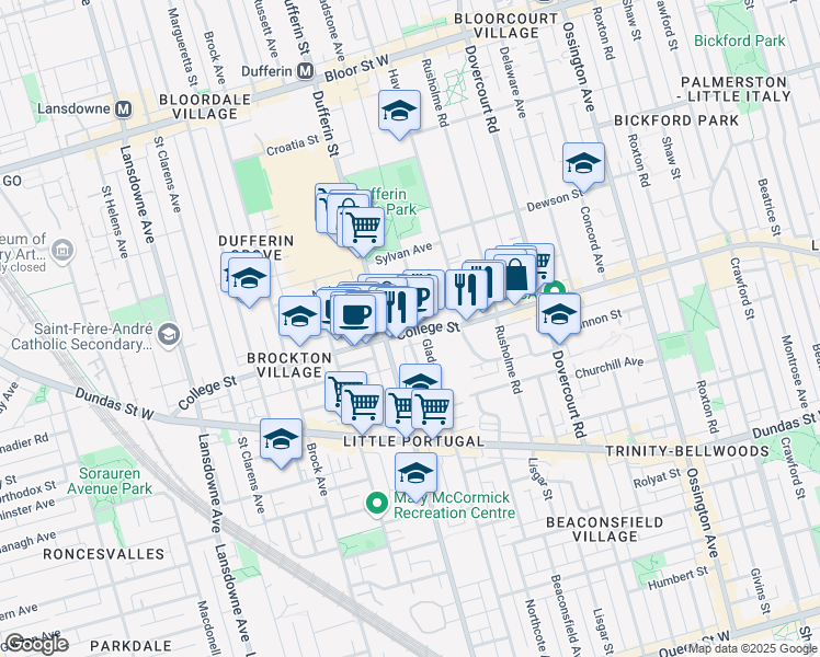 map of restaurants, bars, coffee shops, grocery stores, and more near 1078 College Street in Toronto