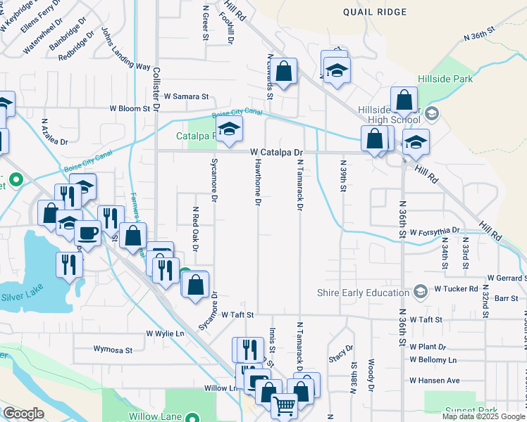 map of restaurants, bars, coffee shops, grocery stores, and more near 3602 Hawthorne Drive in Boise