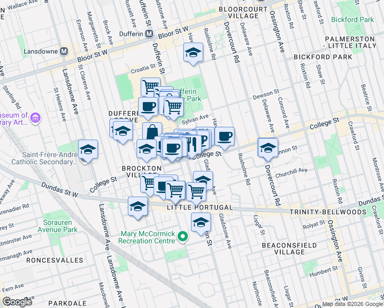 map of restaurants, bars, coffee shops, grocery stores, and more near 1094 College Street in Toronto