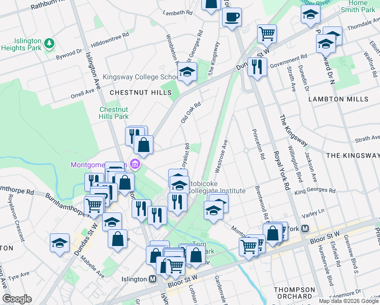 map of restaurants, bars, coffee shops, grocery stores, and more near in Toronto