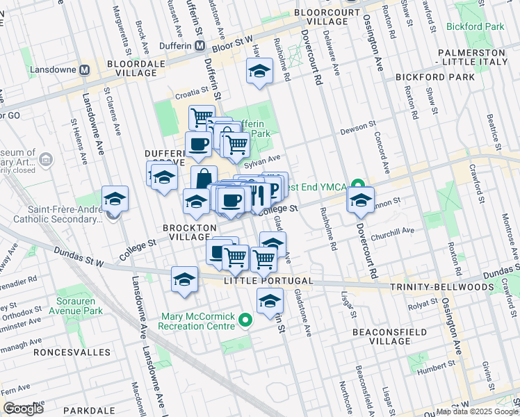 map of restaurants, bars, coffee shops, grocery stores, and more near in Toronto
