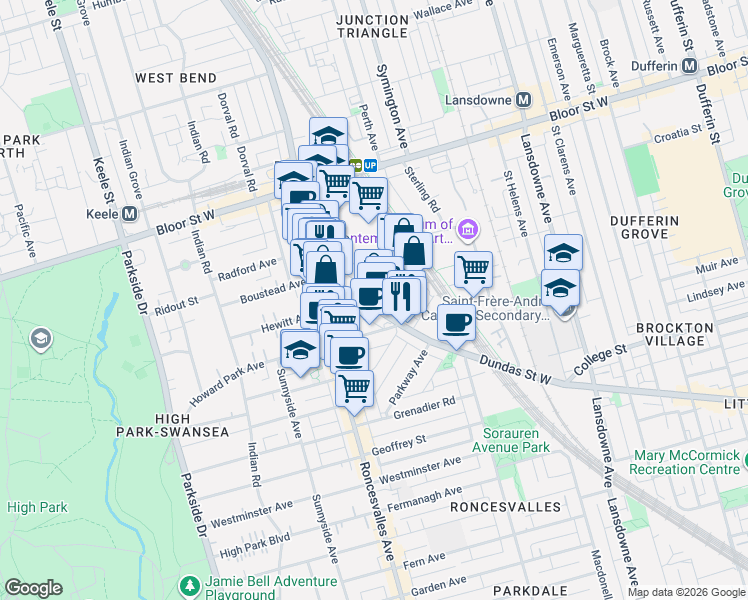 map of restaurants, bars, coffee shops, grocery stores, and more near 2132 Dundas Street West in Toronto