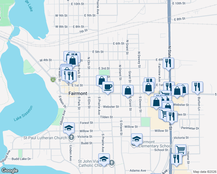 map of restaurants, bars, coffee shops, grocery stores, and more near 424 East 1st Street in Fairmont