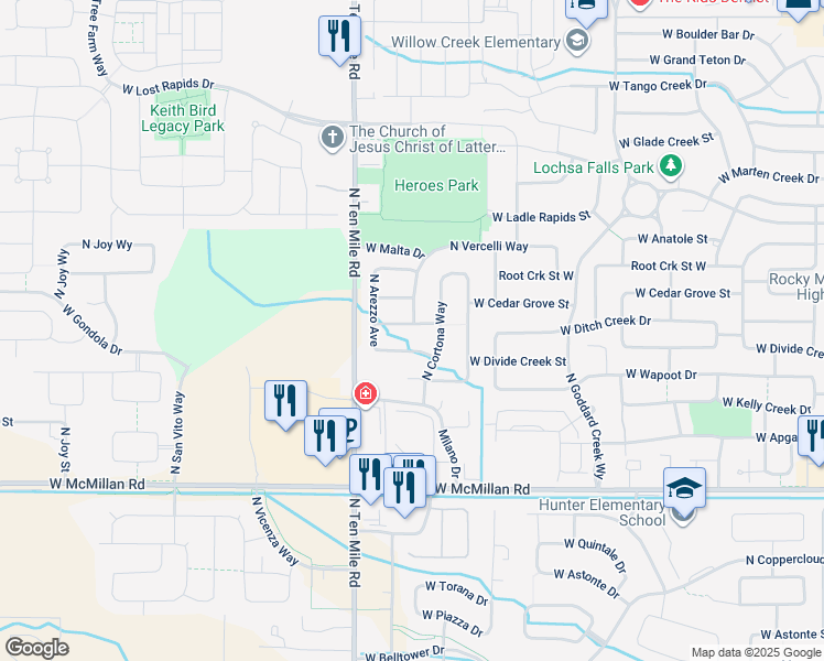 map of restaurants, bars, coffee shops, grocery stores, and more near 3017 West Ditch Creek Street in Meridian