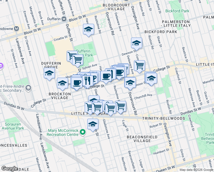map of restaurants, bars, coffee shops, grocery stores, and more near 1019 A College Street in Toronto