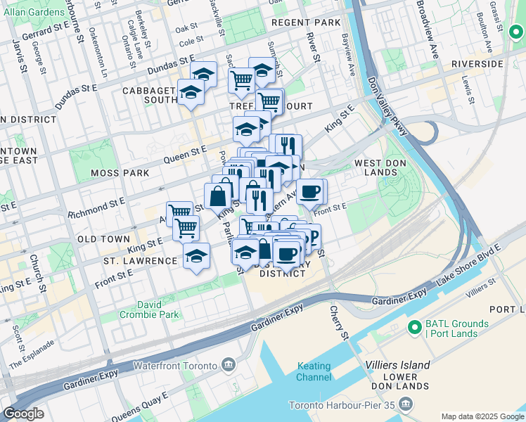 map of restaurants, bars, coffee shops, grocery stores, and more near in Toronto