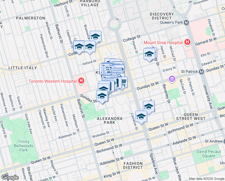 map of restaurants, bars, coffee shops, grocery stores, and more near 157 Augusta Avenue in Toronto