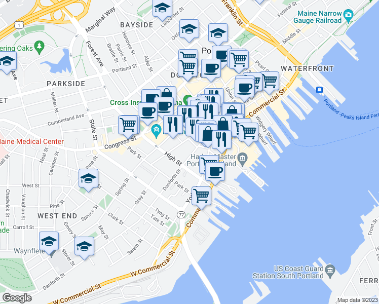map of restaurants, bars, coffee shops, grocery stores, and more near 63 Danforth Street in Portland