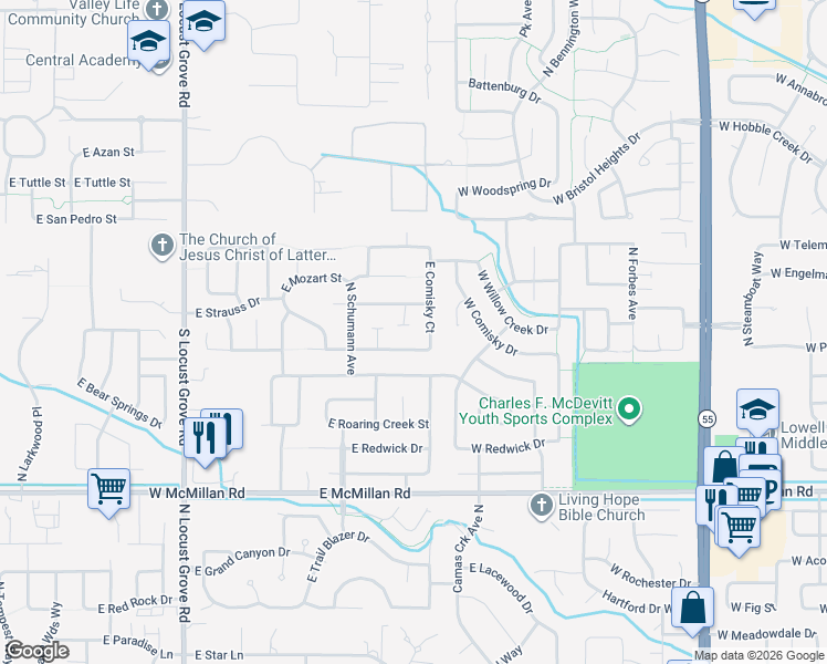 map of restaurants, bars, coffee shops, grocery stores, and more near 5308 North Dvorak Place in Meridian