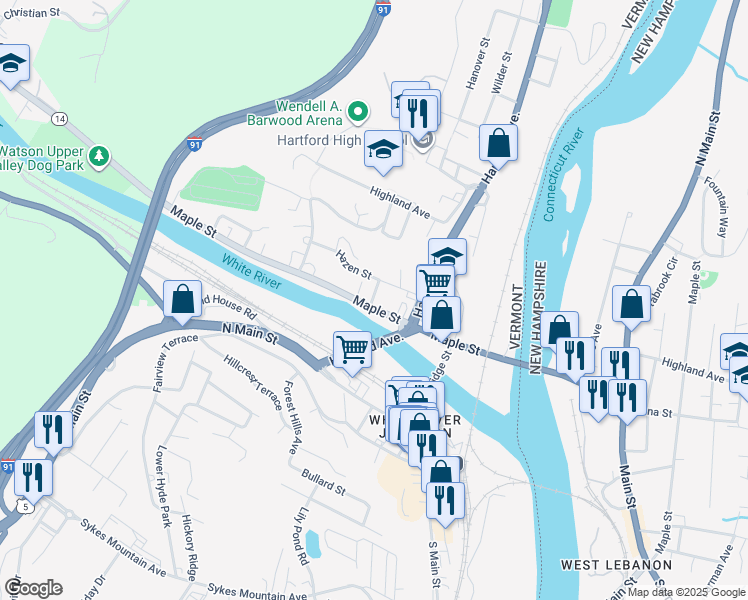 map of restaurants, bars, coffee shops, grocery stores, and more near 38 Union Street in Hartford