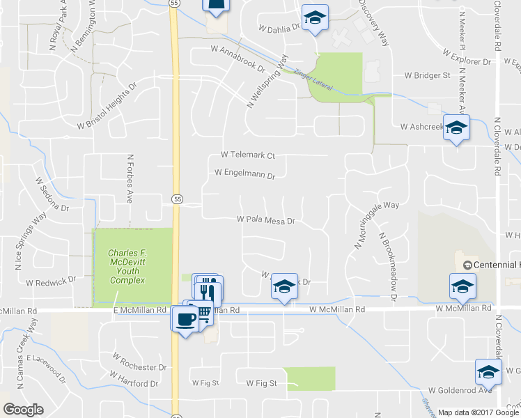 map of restaurants, bars, coffee shops, grocery stores, and more near 5289 North Troon Place in Boise
