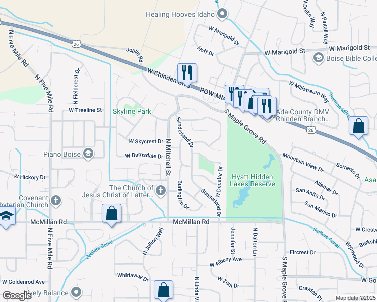 map of restaurants, bars, coffee shops, grocery stores, and more near 5235 Sunderland Drive in Boise