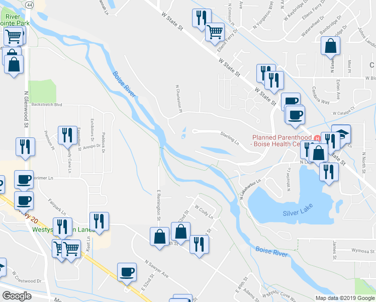 map of restaurants, bars, coffee shops, grocery stores, and more near 3400 North Plantation River Drive in Boise