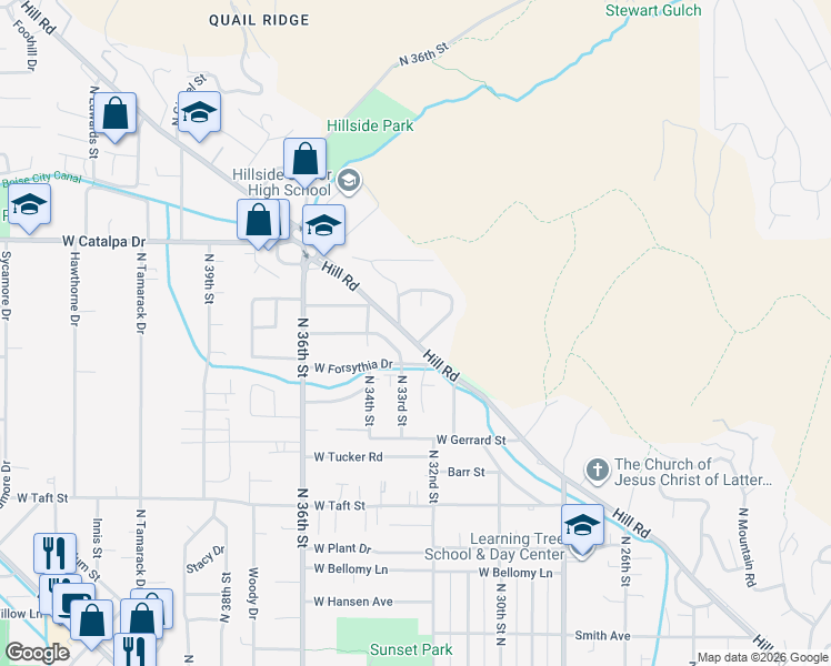map of restaurants, bars, coffee shops, grocery stores, and more near 3605 North Stone Creek Way in Boise