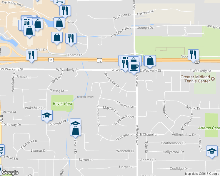 map of restaurants, bars, coffee shops, grocery stores, and more near 6013 Foxboro Court in Midland