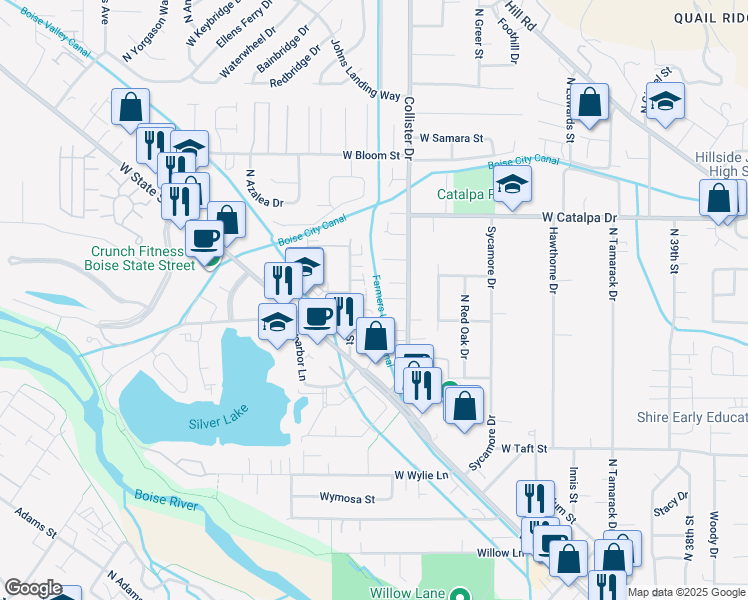 map of restaurants, bars, coffee shops, grocery stores, and more near 4925 West Stoker Lane in Boise