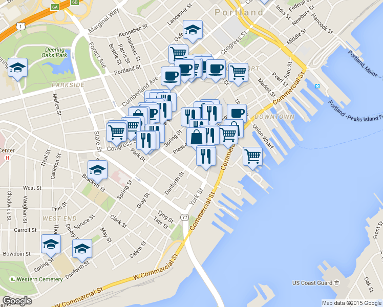 map of restaurants, bars, coffee shops, grocery stores, and more near 88 Pleasant Street in Portland
