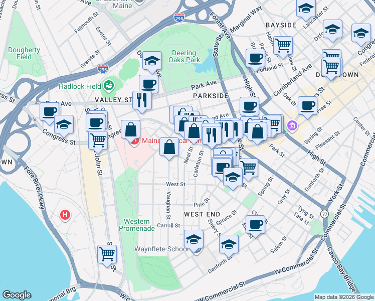 map of restaurants, bars, coffee shops, grocery stores, and more near 168 Neal Street in Portland