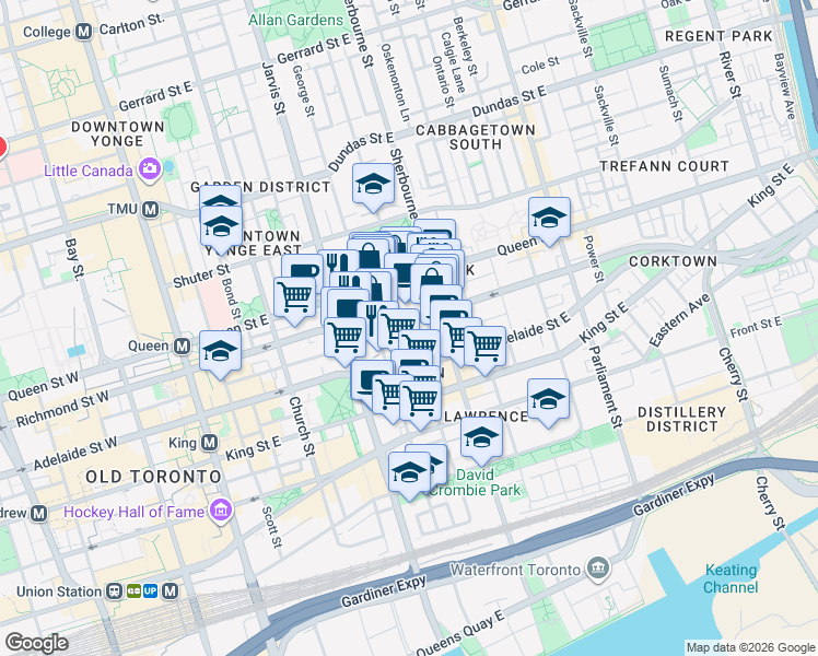 map of restaurants, bars, coffee shops, grocery stores, and more near 255 Richmond Street East in Toronto