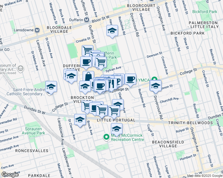 map of restaurants, bars, coffee shops, grocery stores, and more near in Toronto