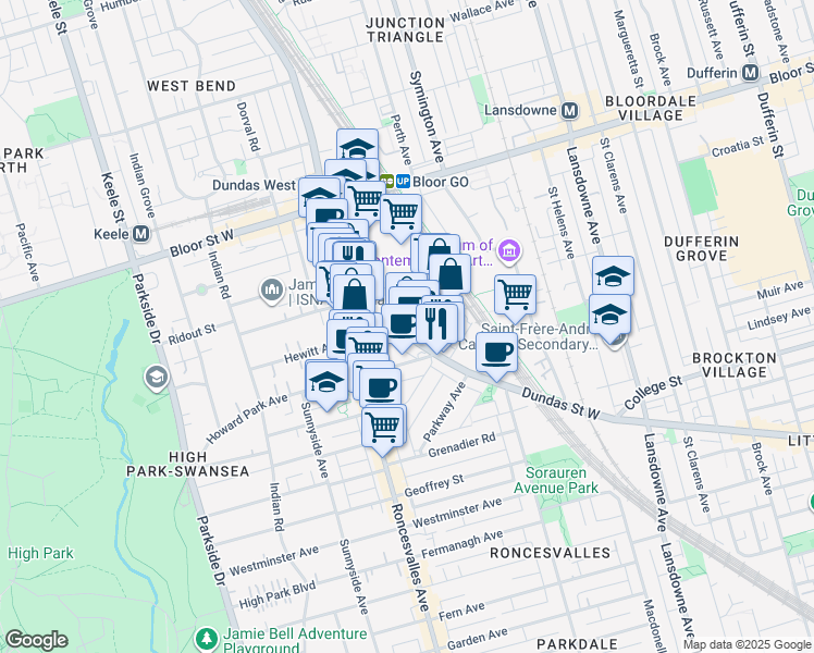map of restaurants, bars, coffee shops, grocery stores, and more near in Toronto