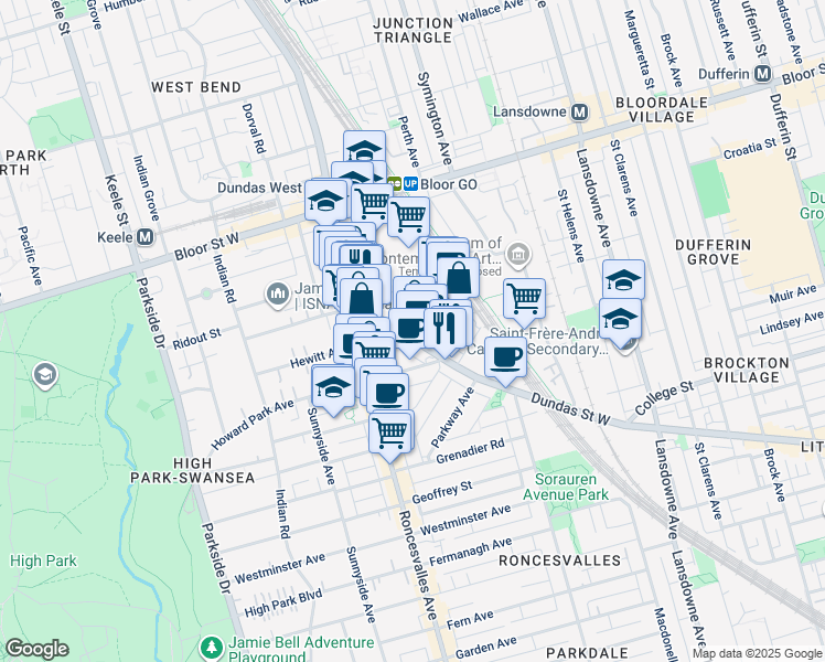 map of restaurants, bars, coffee shops, grocery stores, and more near in Toronto