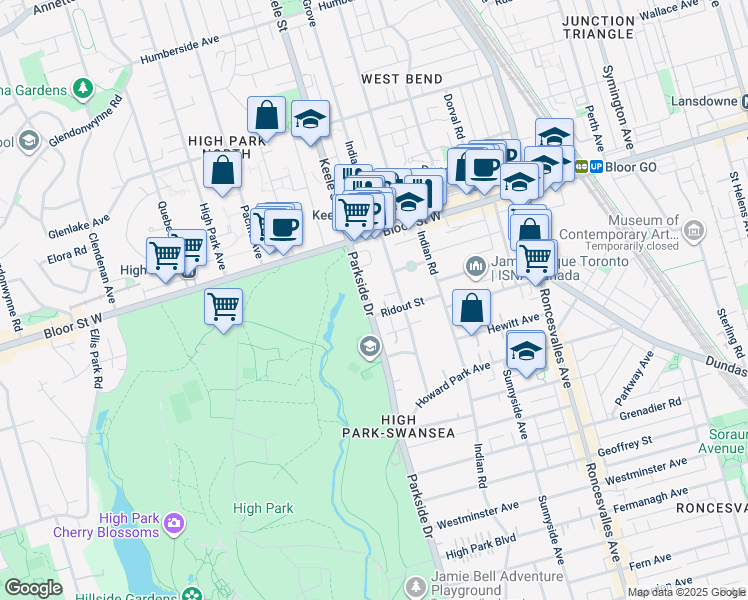 map of restaurants, bars, coffee shops, grocery stores, and more near 485 Parkside Drive in Toronto