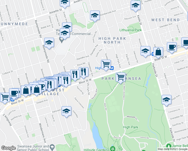 map of restaurants, bars, coffee shops, grocery stores, and more near 2100 Bloor Street West in Toronto