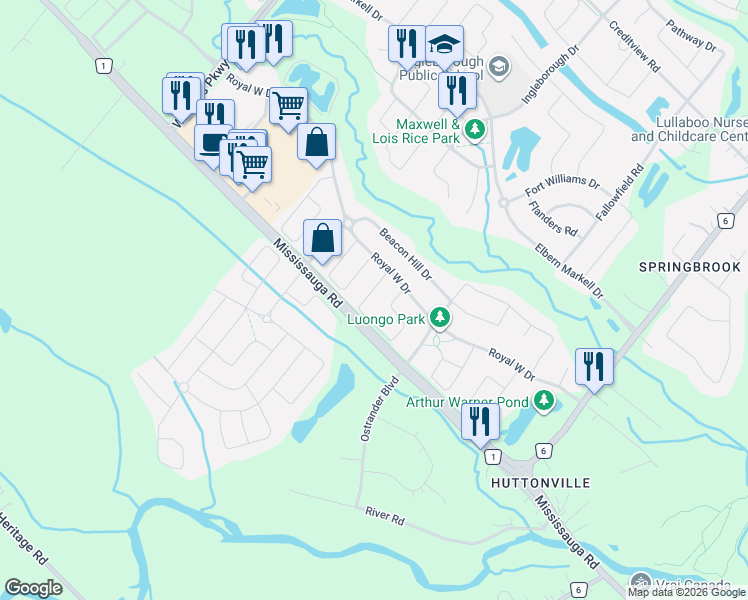 map of restaurants, bars, coffee shops, grocery stores, and more near in Brampton
