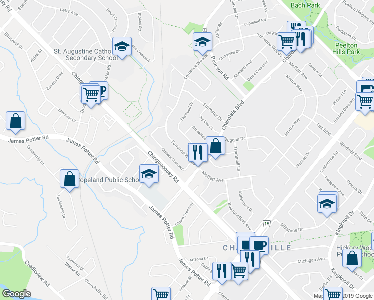 map of restaurants, bars, coffee shops, grocery stores, and more near 172 Torrance Woods in Brampton