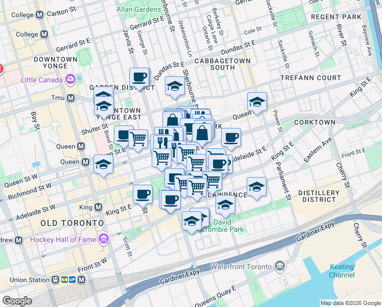 map of restaurants, bars, coffee shops, grocery stores, and more near in Toronto